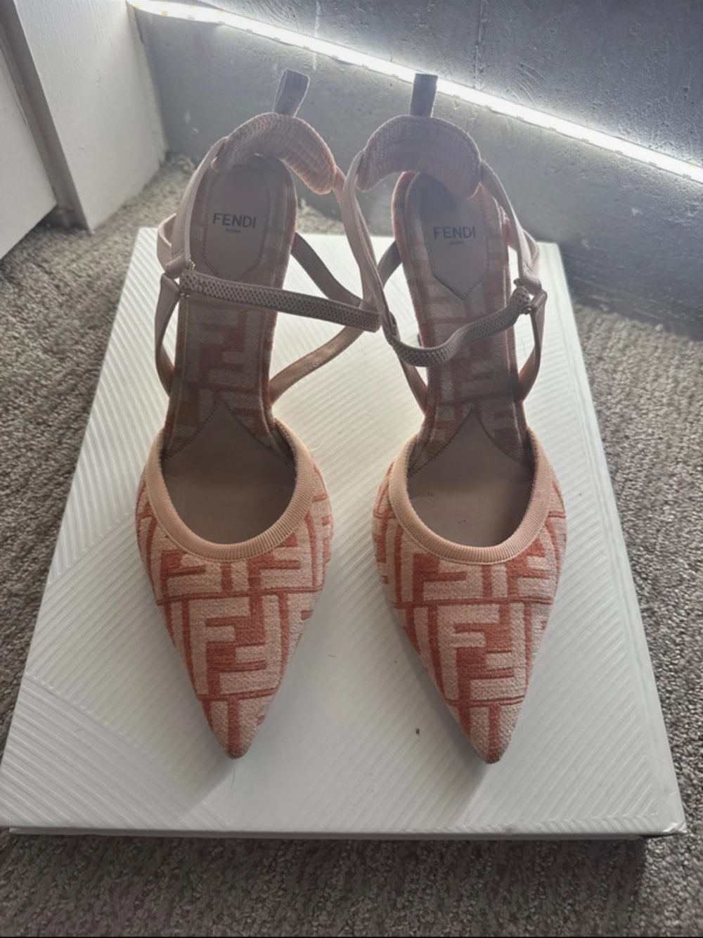 Fendi Peach Monogram Pointed-Toe Ankle Strap Heels